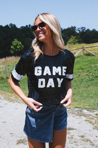 Black Game Day Sequin Jersey Top – Mesh