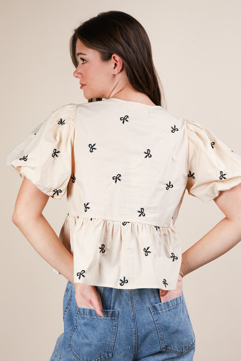 Clara Front Tie Bow Embroidered Top, Beige