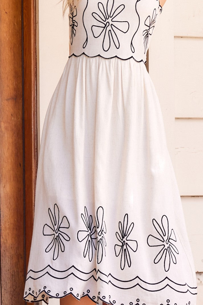 Ariana Embroidered Linen Midi Dress, Natural