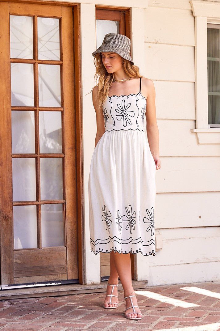 Ariana Embroidered Linen Midi Dress, Natural