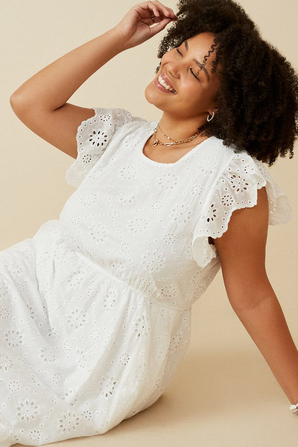 Bailey Floral Eyelet Midi Dress, Off White | Plus Size