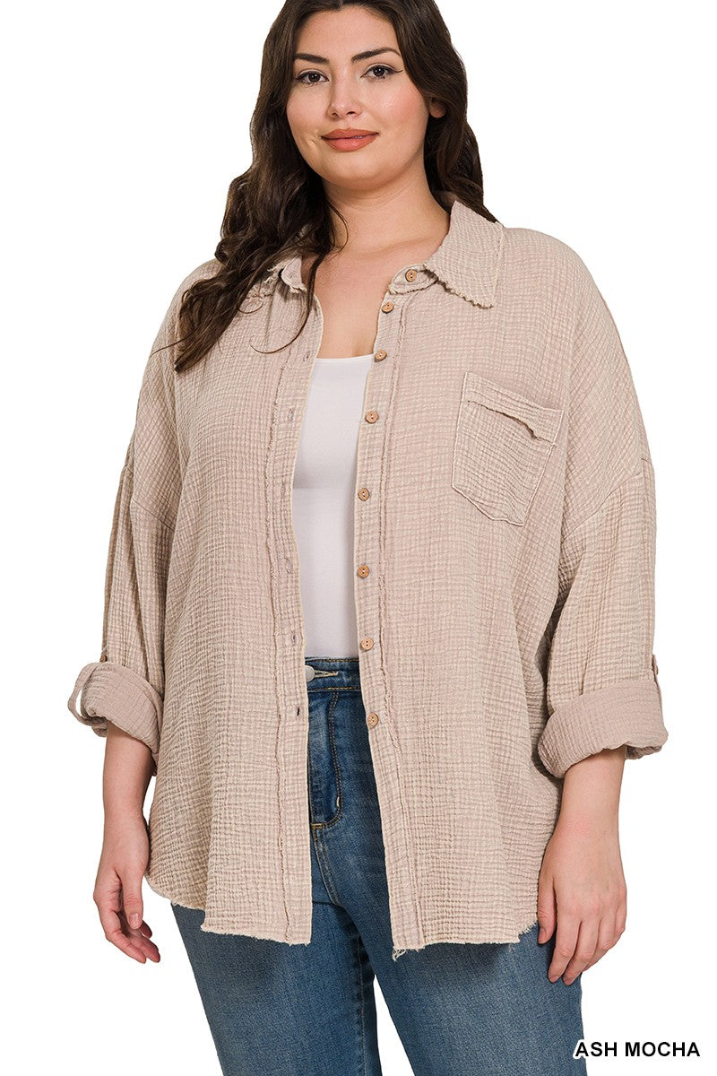 Adriana Gauze Button Down Shirt, Ash Mocha | Plus Size