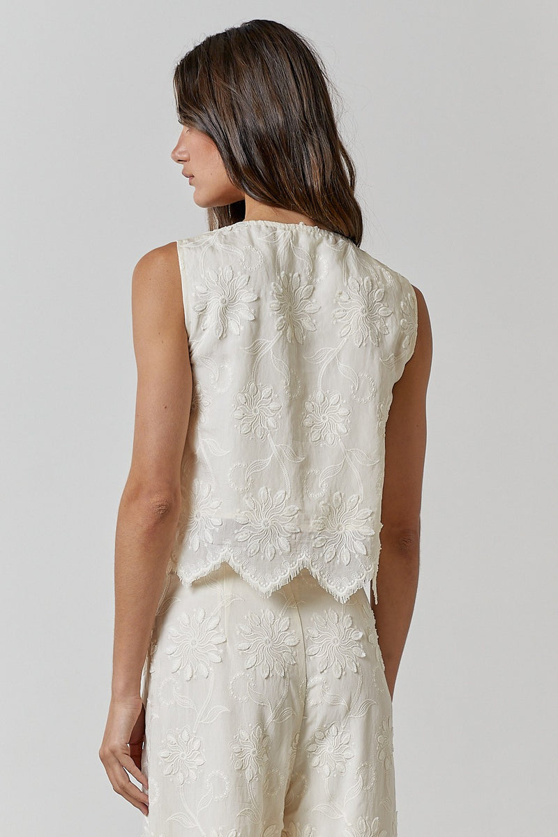 Kira Embroidered Front Tie Vest, Natural