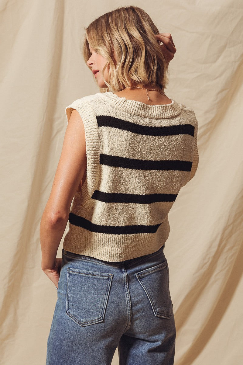 Luciana Striped Sweater Vest, Ivory/Black