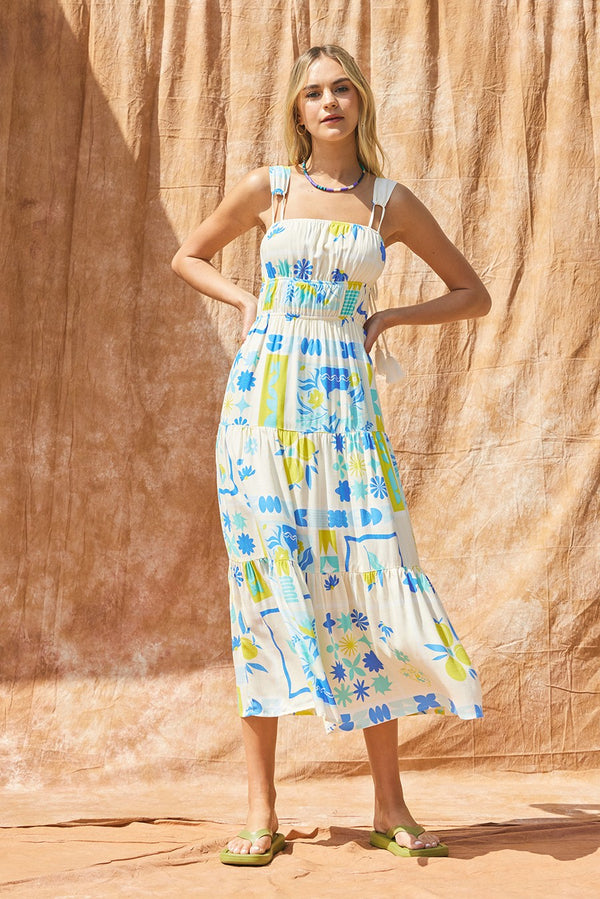 Natalia Printed Maxi Dress, Blue Lime