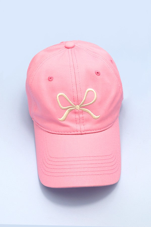 Bow Ribbon Embroidered Baseball Hat, Pink