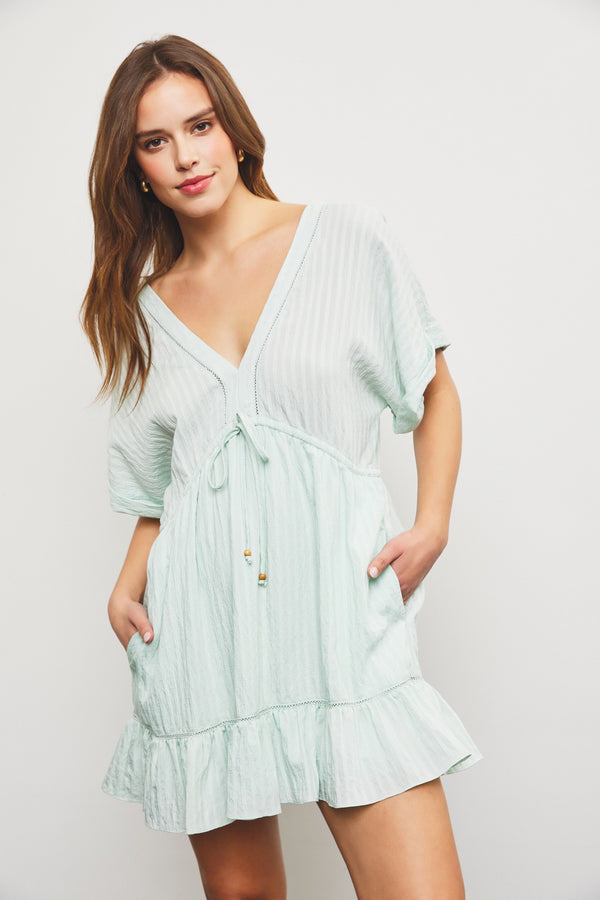 Aurora V-Neck Ruffle Hem Dress, Pistachio