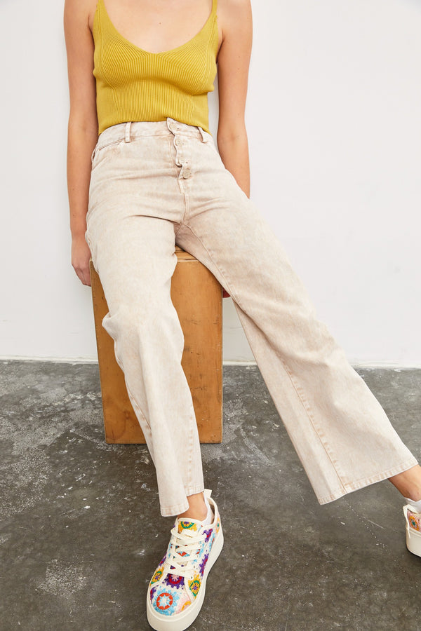 Iris Wide Leg Denim Pants, Milk Tea