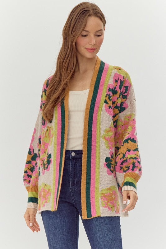 Suzannah Printed Cardigan, Hunter Green Mix