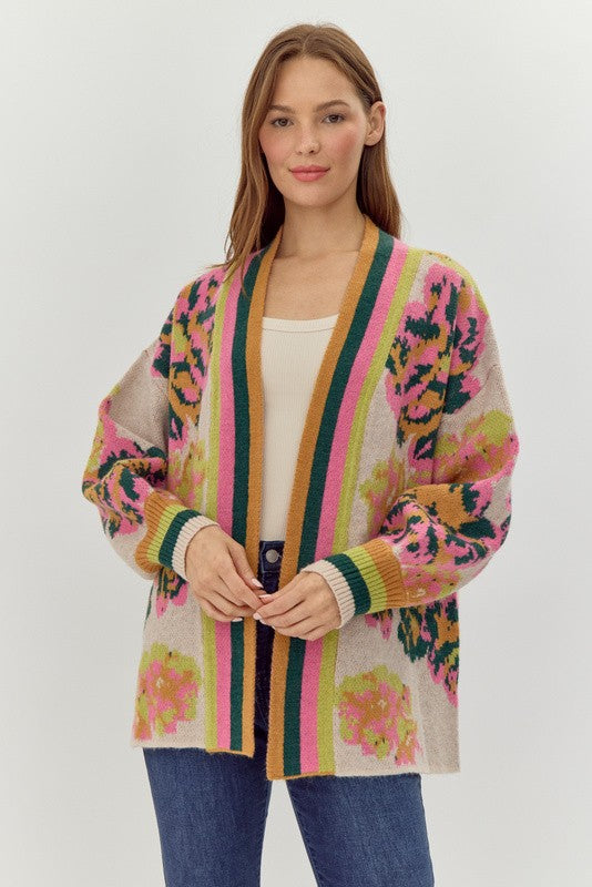 Suzannah Printed Cardigan, Hunter Green Mix