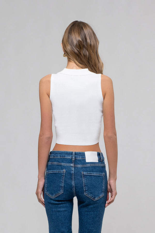 Ivey Collared Knit Crop Top, White