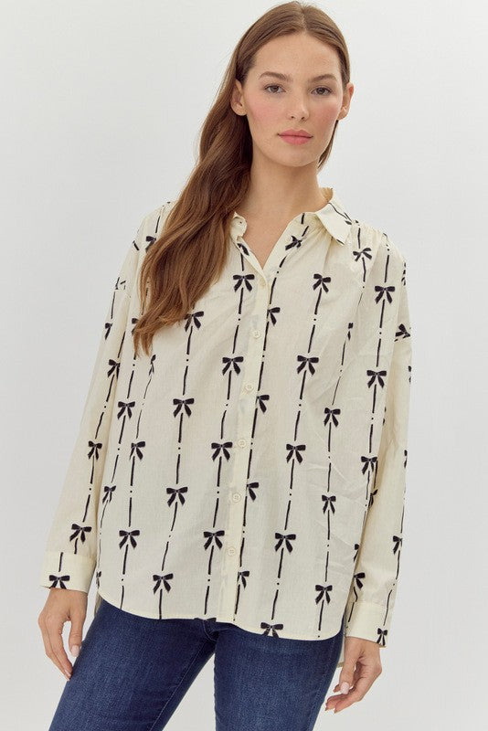 Enola Bow Print Button Up Top, Ivory