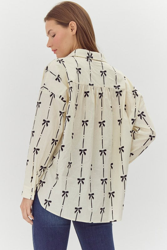 Enola Bow Print Button Up Top, Ivory