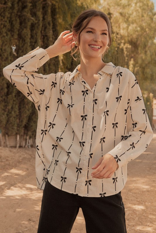 Enola Bow Print Button Up Top, Ivory