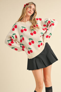 Quinn Cherry Knit Sweater, Ivory