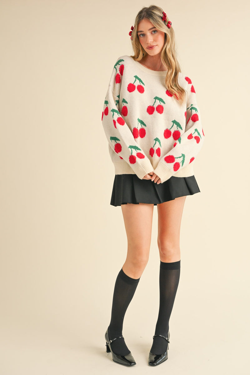 Quinn Cherry Knit Sweater, Ivory