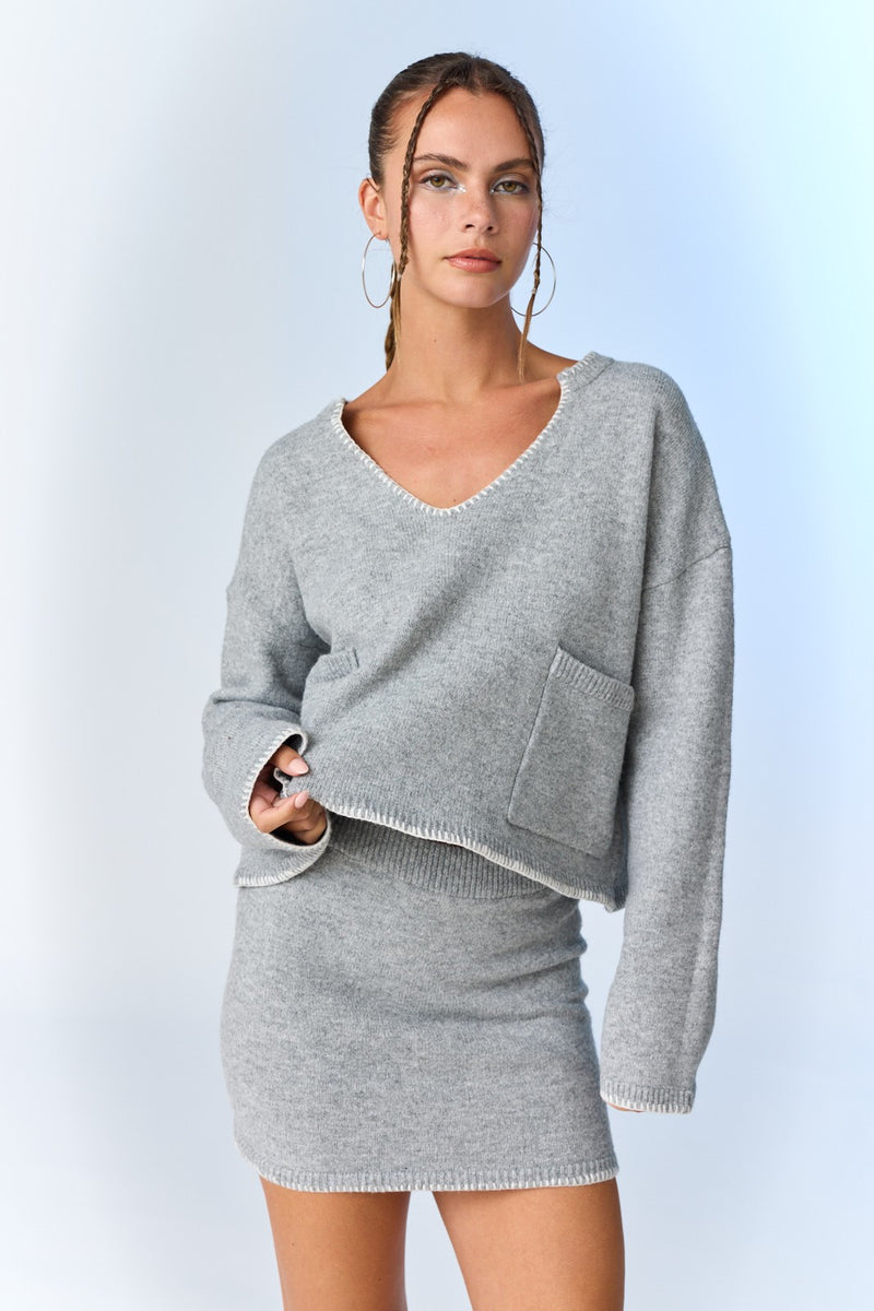 Myra Blanket Stitch Detail Top, Grey