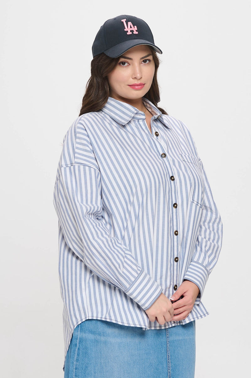 Tessa Striped Collared Shirt, Blue | Plus Size