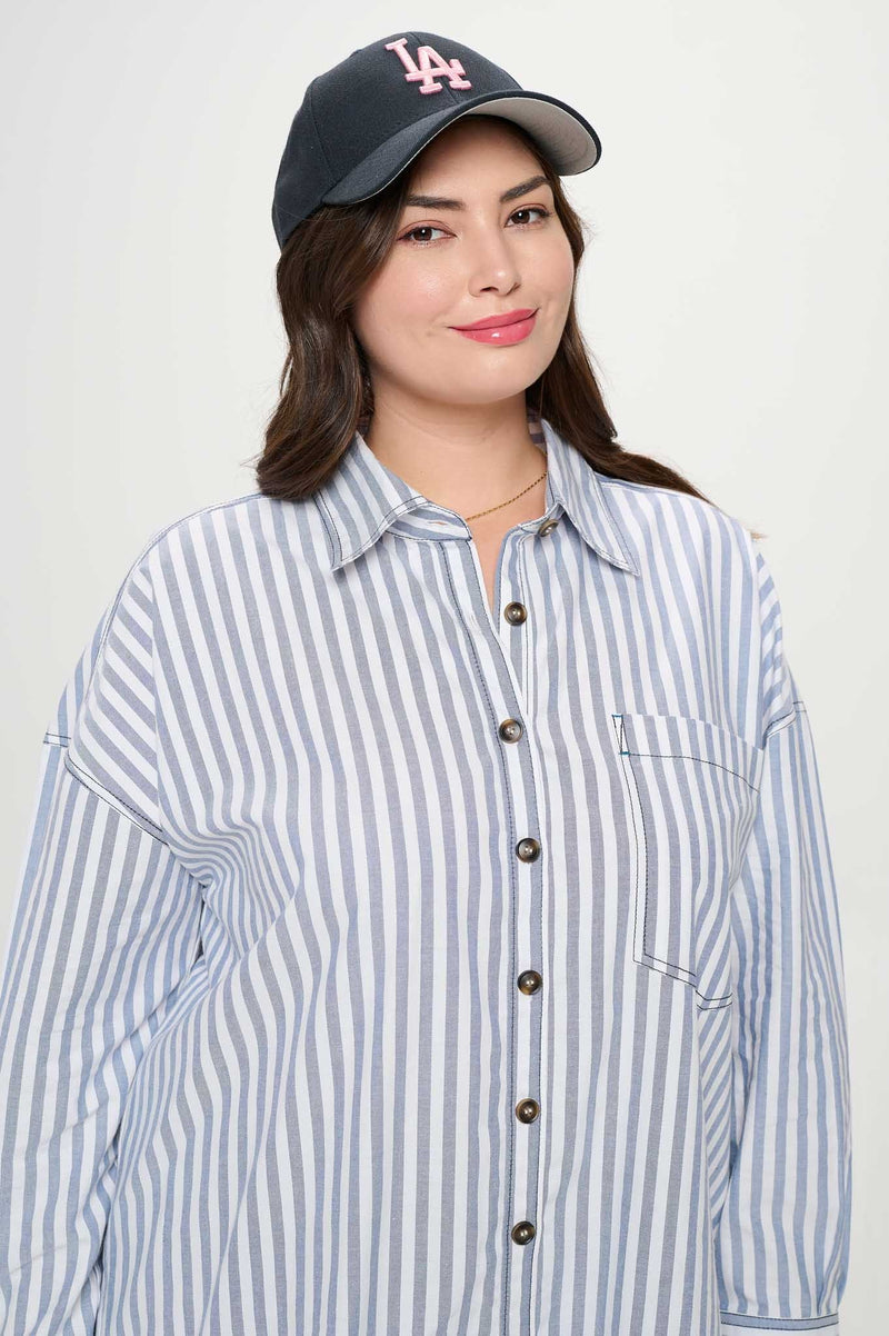 Tessa Striped Collared Shirt, Blue | Plus Size