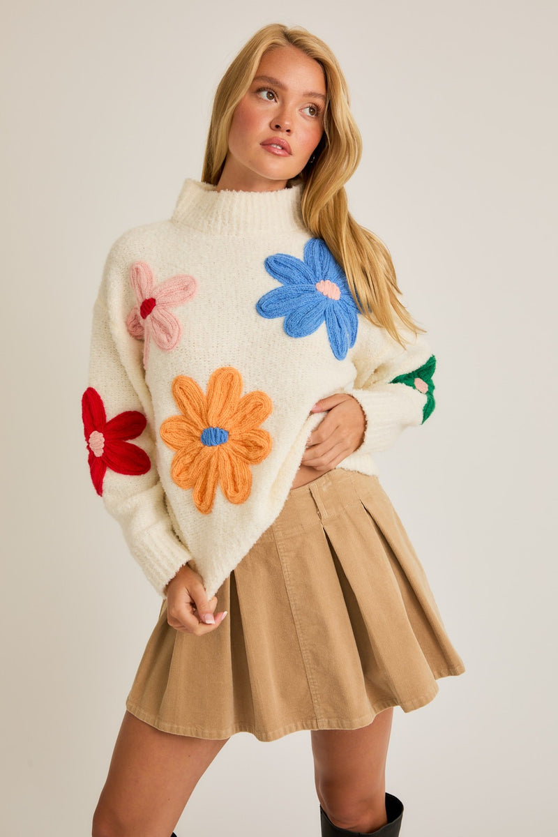 Lacey Floral Applique Sweater, White Multi