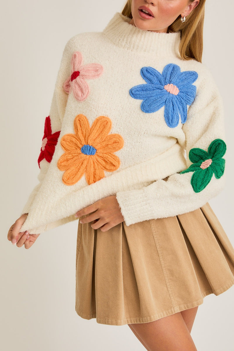 Lacey Floral Applique Sweater, White Multi