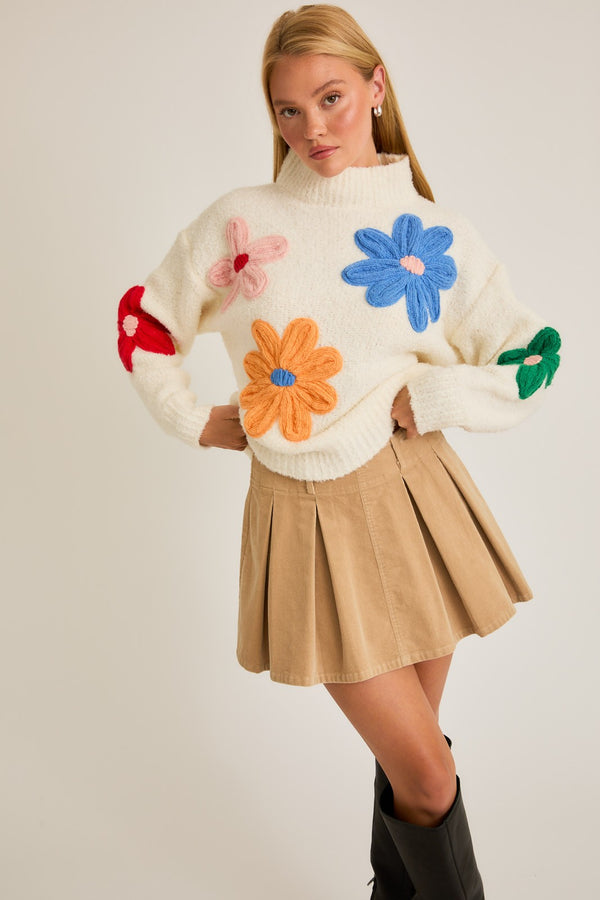 Lacey Floral Applique Sweater, White Multi