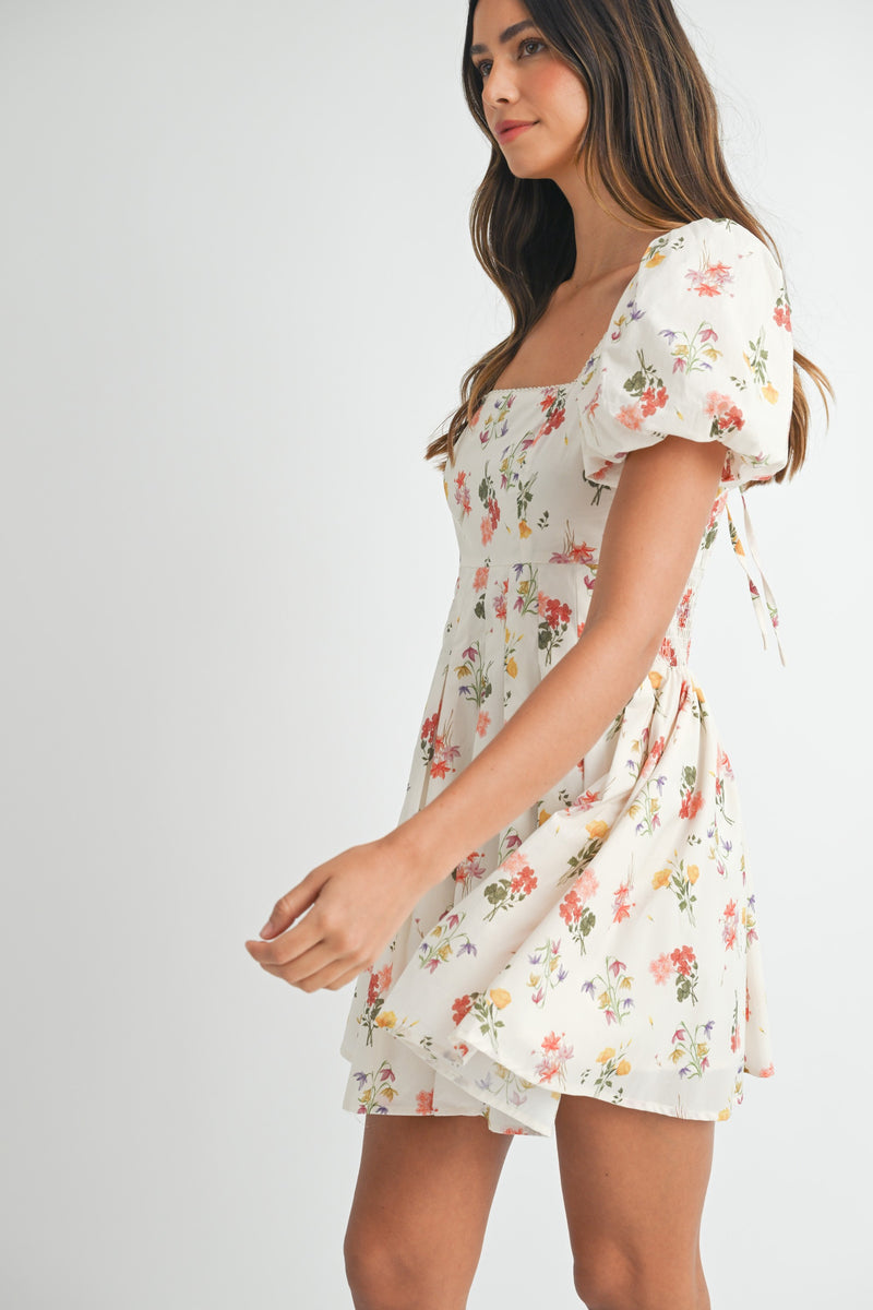 Elodie Square Neck Floral Dress, Cream