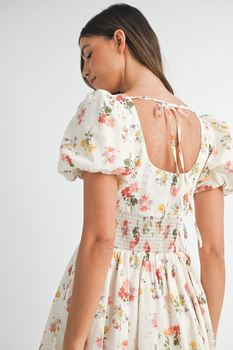 Elodie Square Neck Floral Dress, Cream