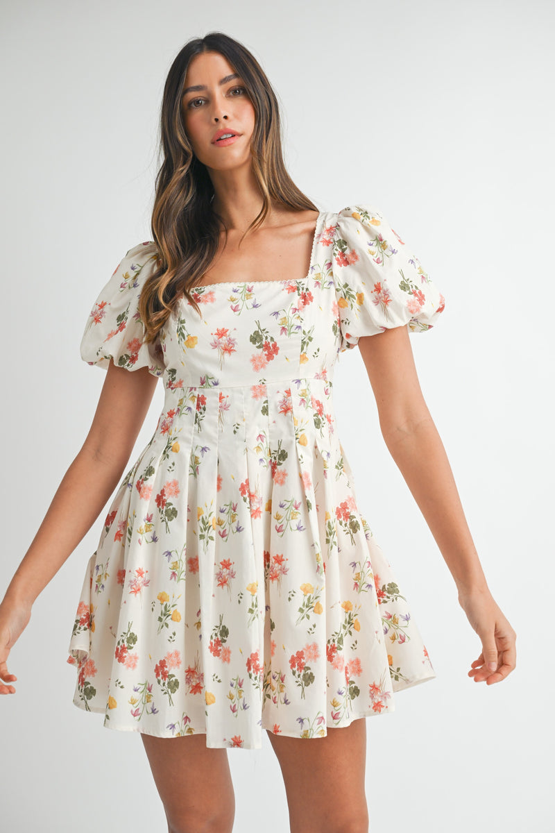 Elodie Square Neck Floral Dress, Cream