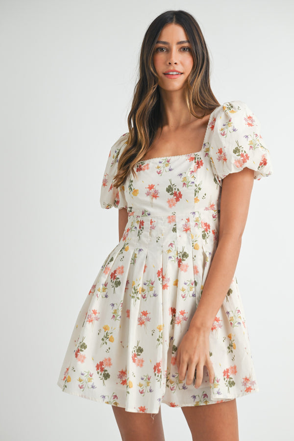 Elodie Square Neck Floral Dress, Cream