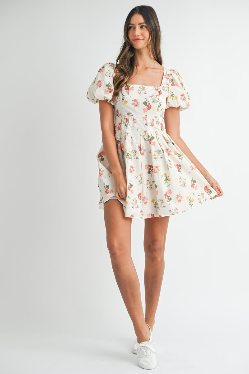 Elodie Square Neck Floral Dress, Cream