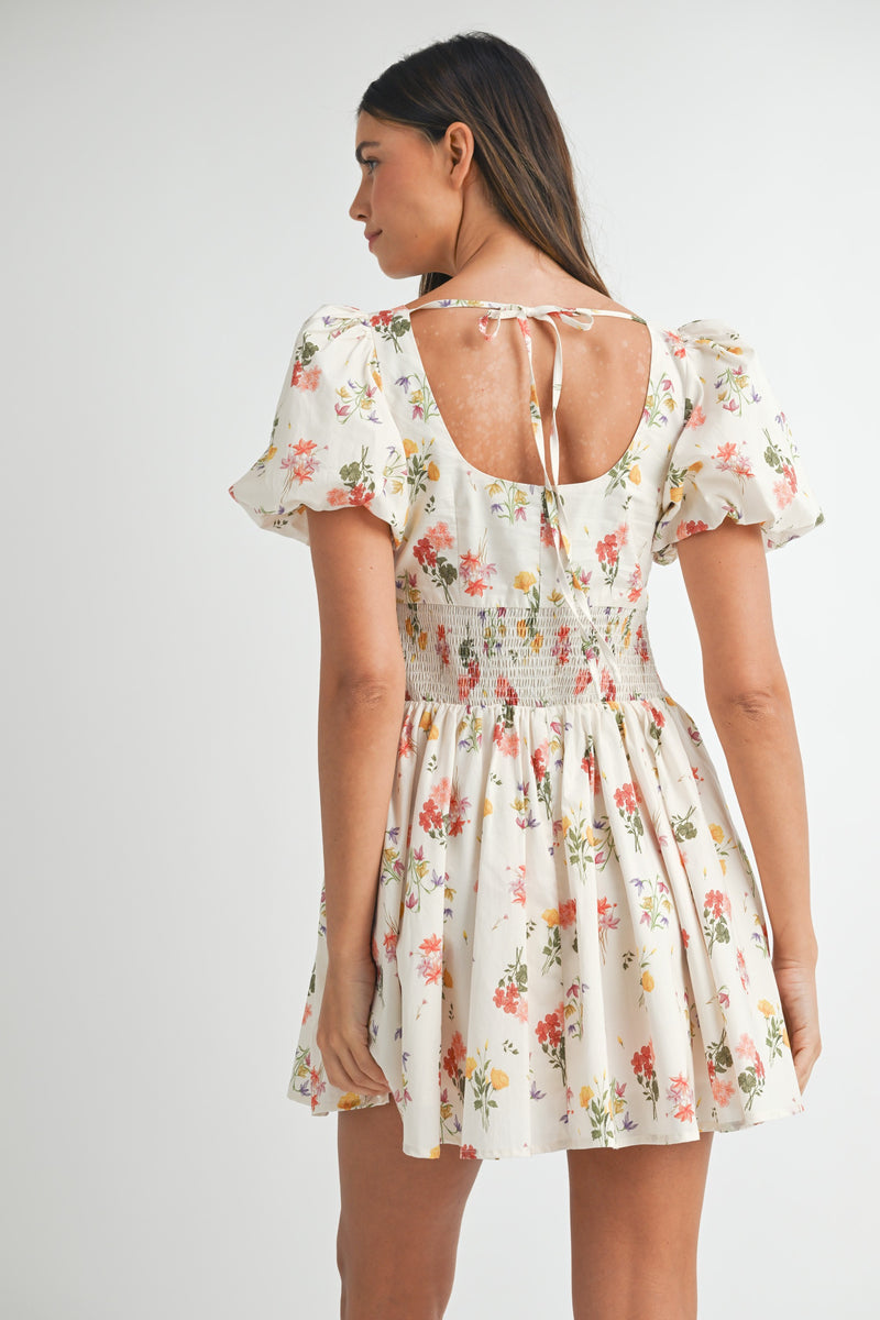 Elodie Square Neck Floral Dress, Cream