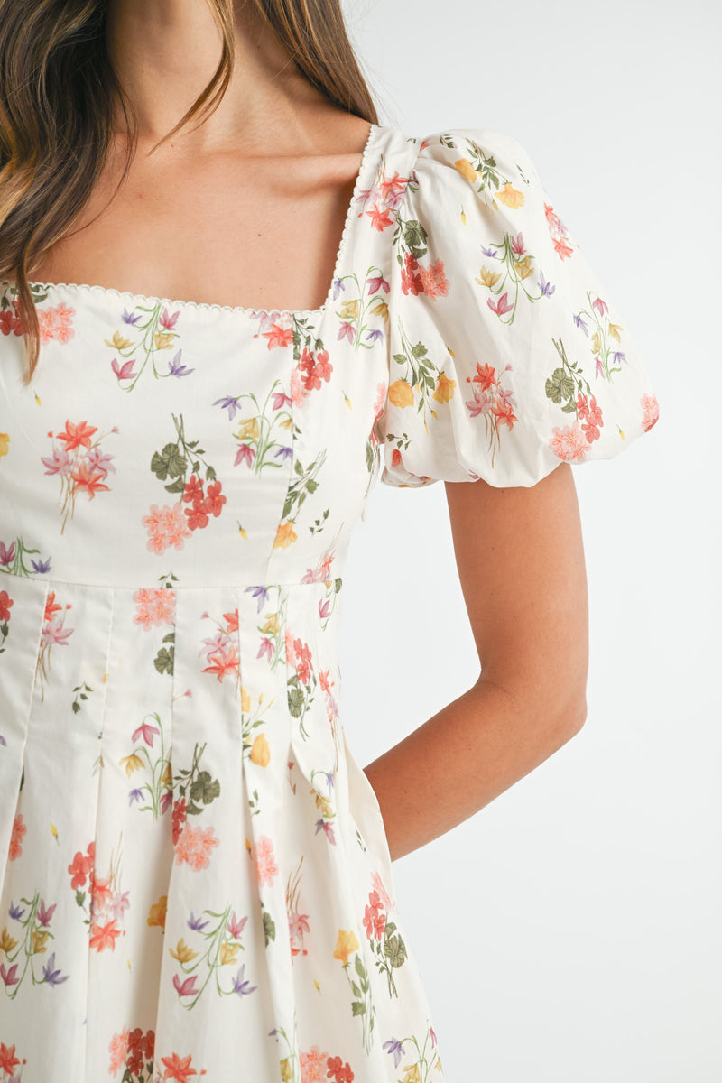 Elodie Square Neck Floral Dress, Cream