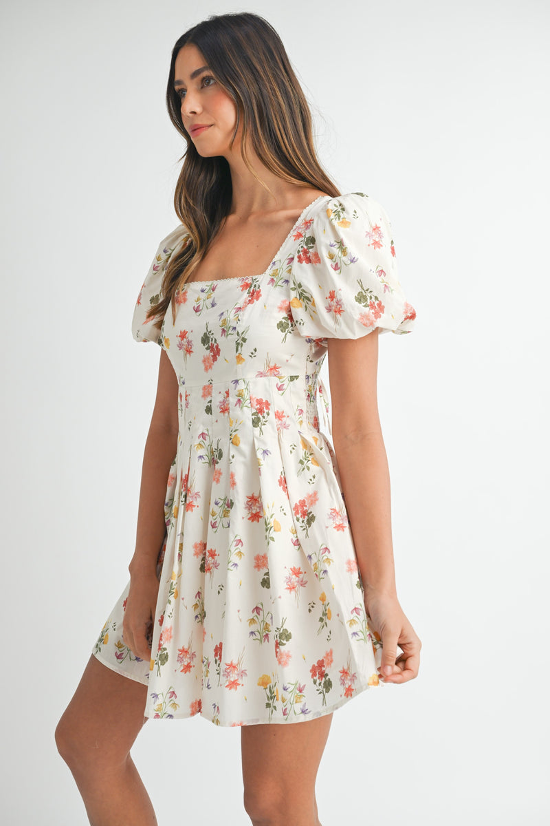 Elodie Square Neck Floral Dress, Cream