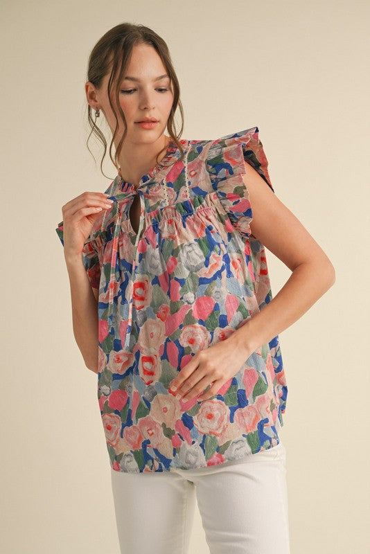 Caroline Floral Tie Neck Top, Pink/Royal