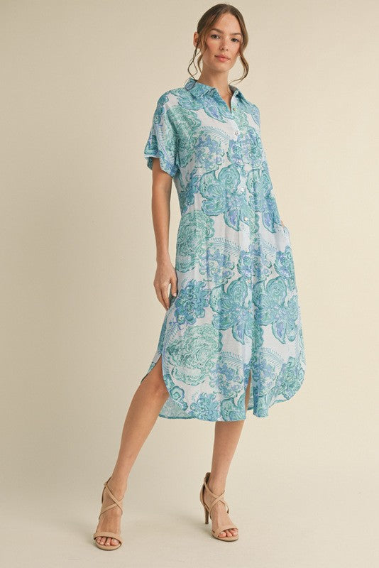 Anna Printed Midi Shirt Dress, Aqua Mix