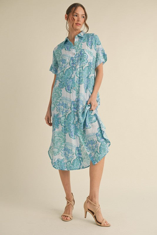 Anna Printed Midi Shirt Dress, Aqua Mix