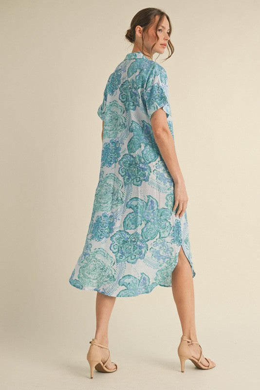 Anna Printed Midi Shirt Dress, Aqua Mix