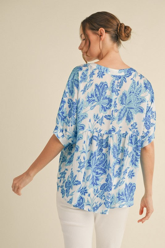 Ariella Printed Dolman Sleeve Top, Blue