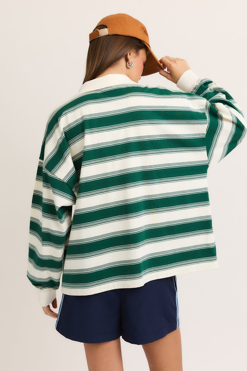 Naomi Collared Striped Top, Cream-Green Stripe