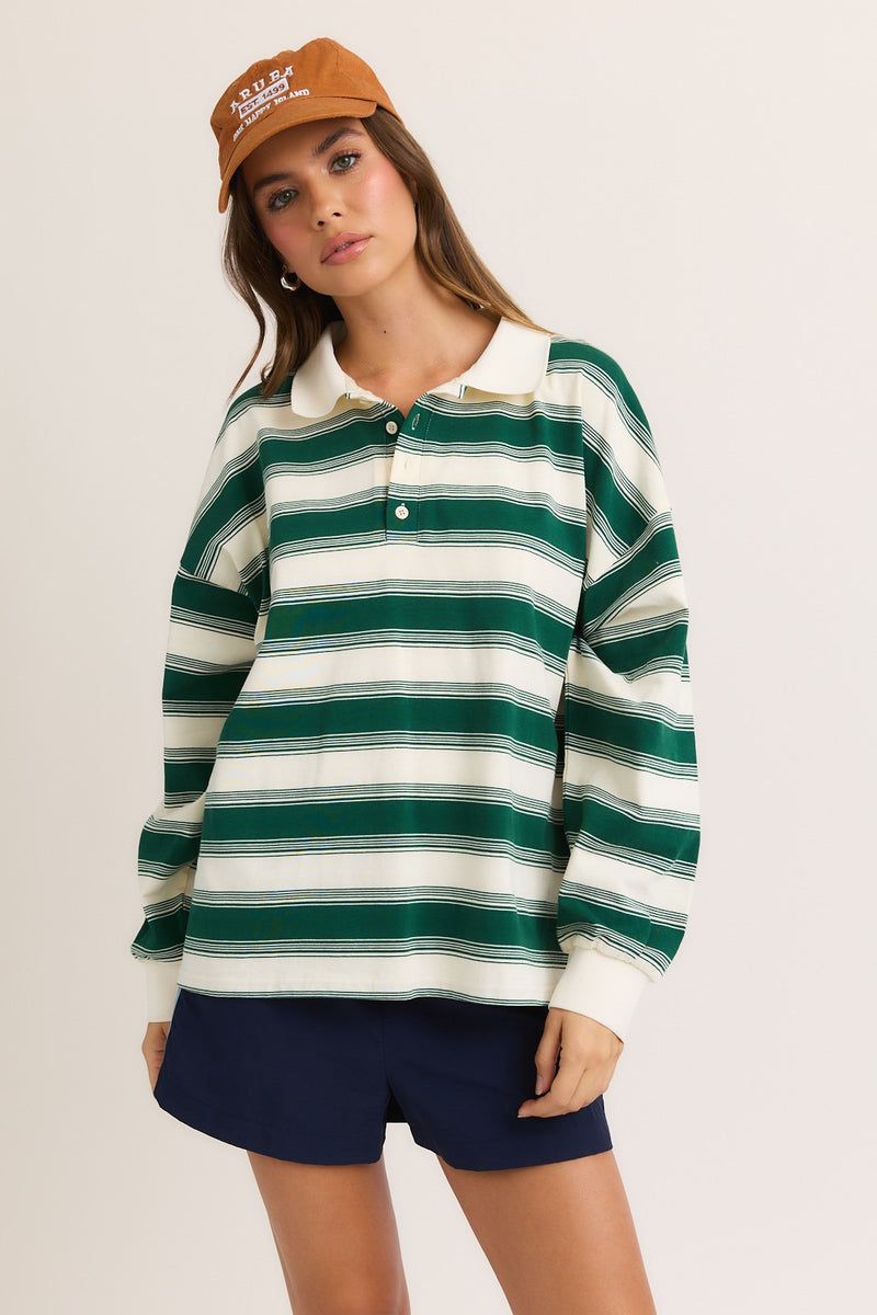 Naomi Collared Striped Top, Cream-Green Stripe