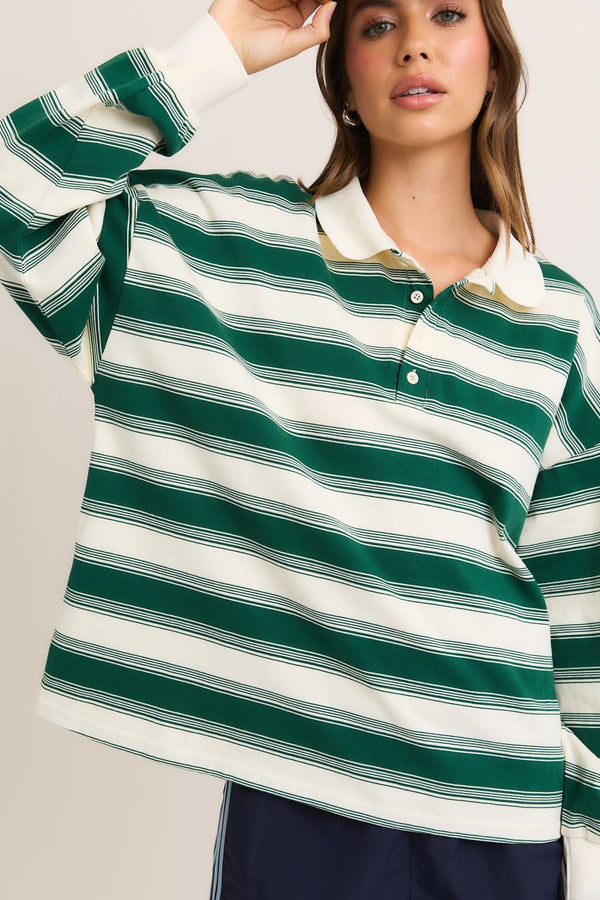 Naomi Collared Striped Top, Cream-Green Stripe