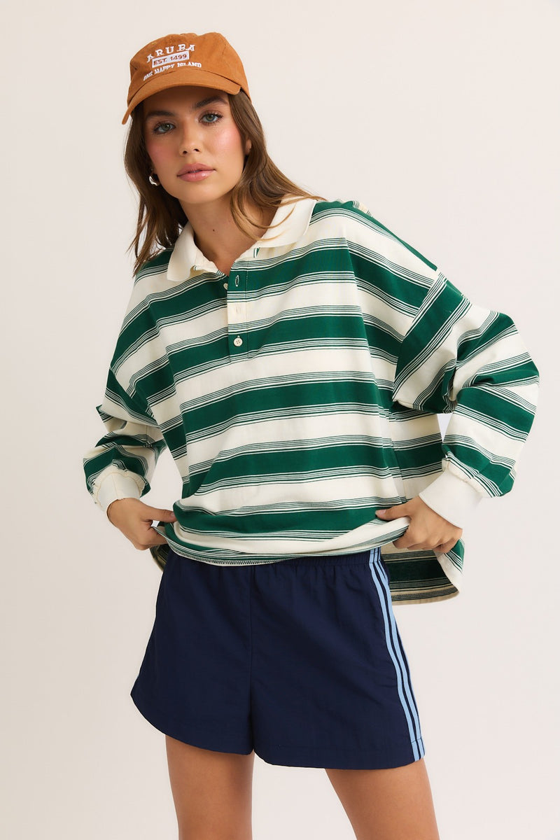 Naomi Collared Striped Top, Cream-Green Stripe