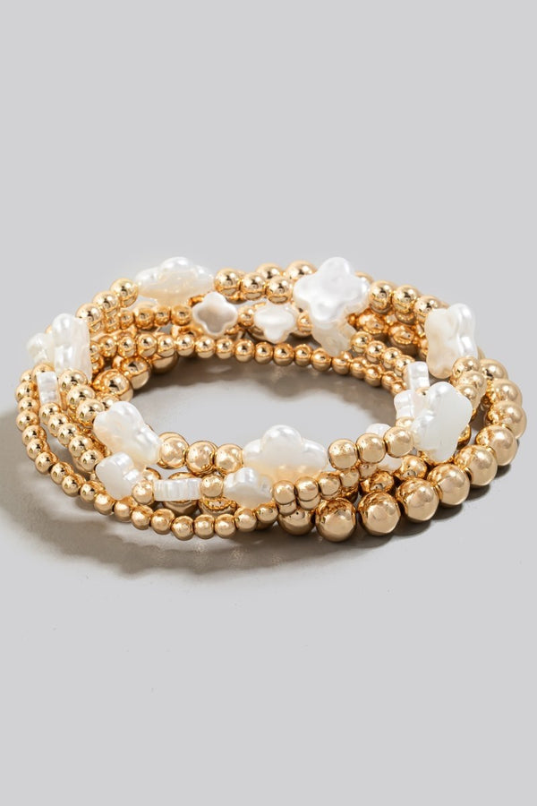 Pearl Clover & Metallic Beaded Bracelet Set, Gold/Cream