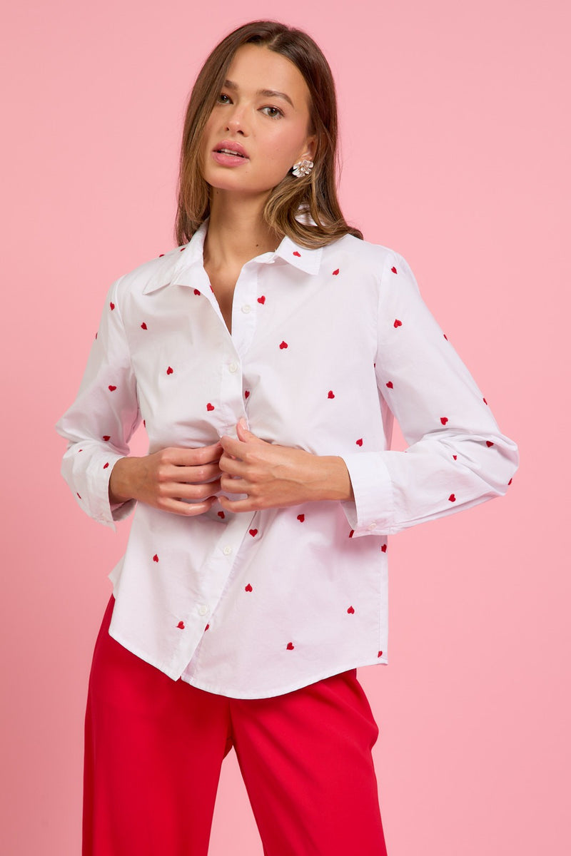 Sloane Heart Embroidered Shirt, White/Red