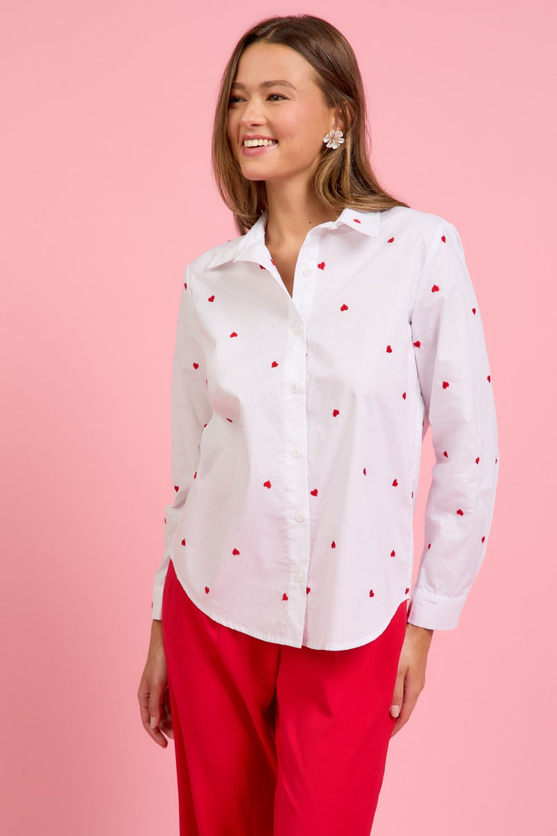 Sloane Heart Embroidered Shirt, White/Red