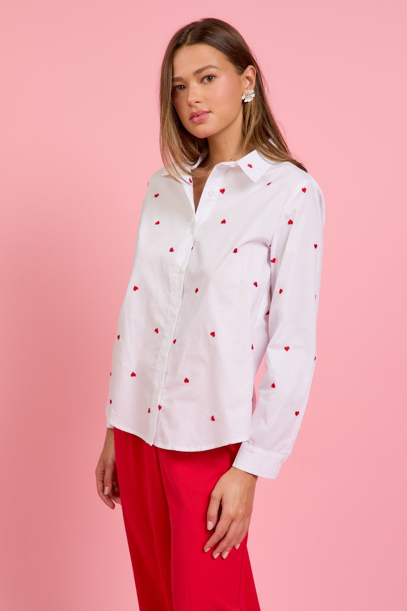 Sloane Heart Embroidered Shirt, White/Red