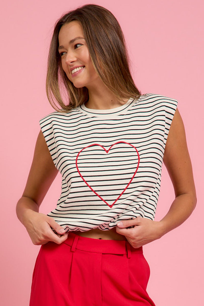 Lyra Heart Embroidered Striped Top, Ivory/Black