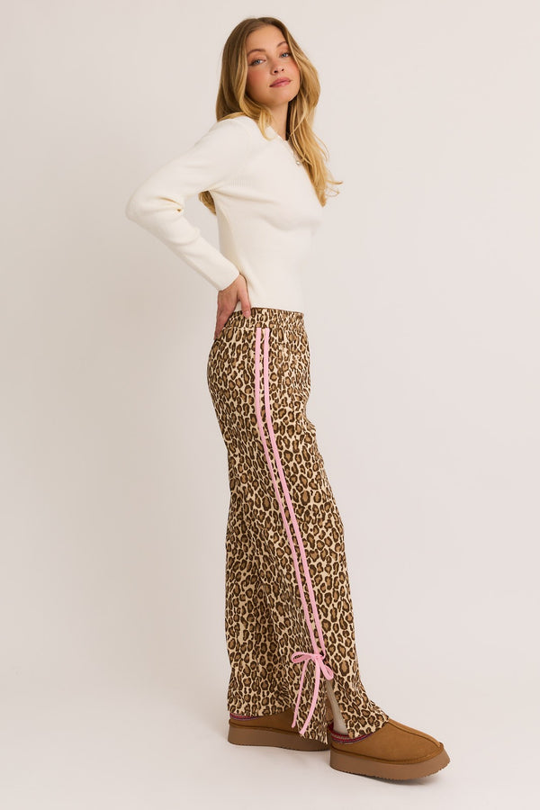 Sabina Bow Detail Track Pants, Taupe Animal