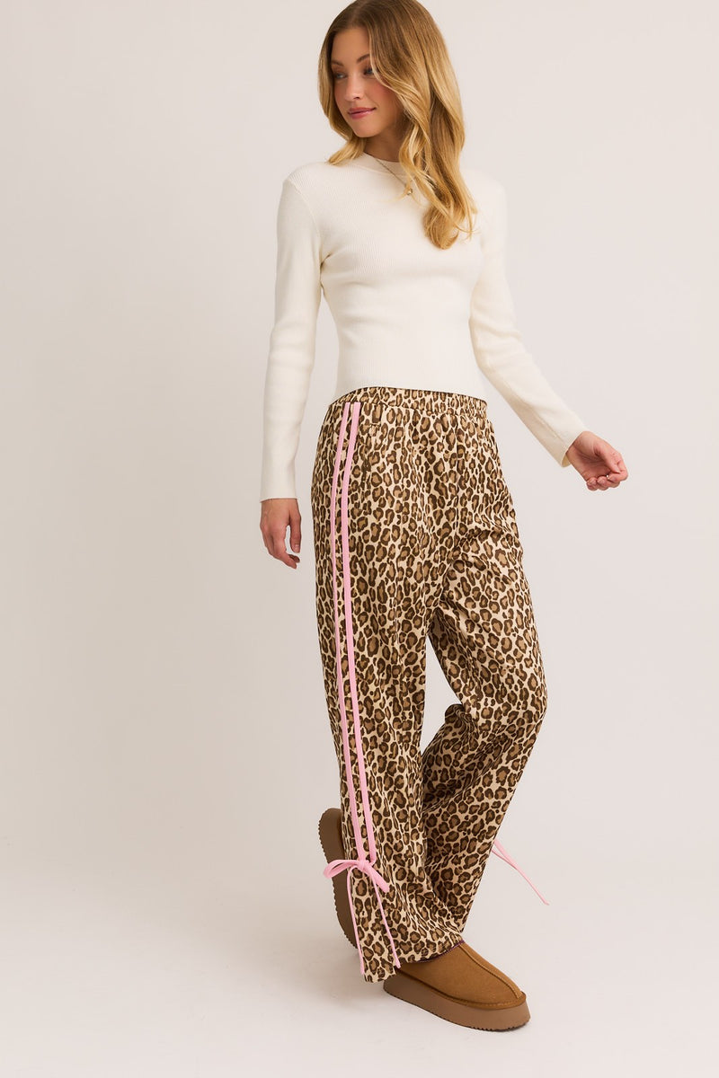 Sabina Bow Detail Track Pants, Taupe Animal